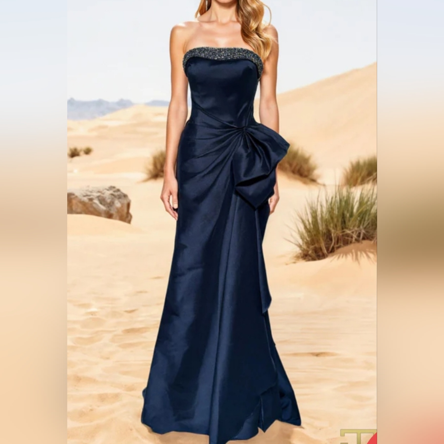 Terani Couture Strapless Navy Satin Gown With Side Bow And Beaded Trim